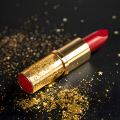 red lipstick with gold glitter on black background image