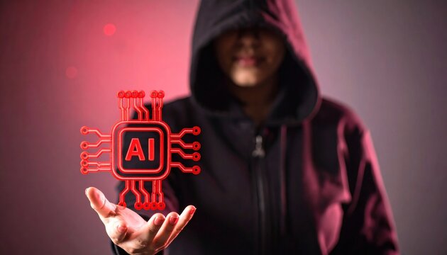 AI hacker holding a glowing red chip symbolizing artificial intelligence in cybercrime, darkweb, and digital technology threat for cybersecurity and malware protection. Technology concept.