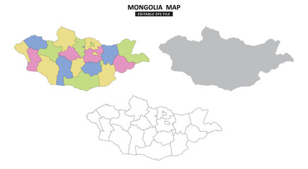 Mongolia map variations are colour coded by regions, solid grey silhouette and outlined with regional borders.	
