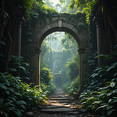 Walking Through Stone Arches in Lush Green Forest Pathway