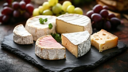 Assorted cheeses on a slate board
