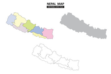 Nepal map variations are colour coded by regions, solid grey silhouette and outlined with regional borders.	
