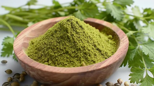 Ground Coriander Spice in Wooden Bowl with Fresh Cilantro