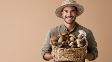 Smiling young man holding a basket of freshly picked mushrooms.