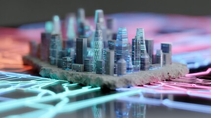 Futuristic cityscape model with glowing lines, showcasing urban development and technology.