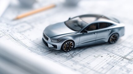 Silver car model on blueprints. Design, engineering concept.