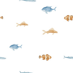 Underwater watercolor seamless pattern with fish. Marine pastel background. 