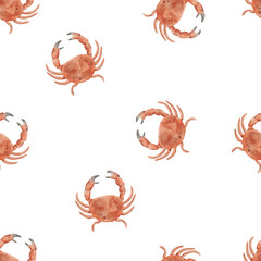 Underwater watercolor seamless pattern with crab. Marine pastel background. 