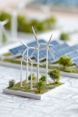 Miniature wind turbines and solar panels on a table. Sustainable energy concept.