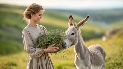 Young woman feeds a donkey in a sun-drenched field. A heartwarming moment of connection with nature.