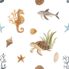 Underwater watercolor seamless pattern with sea animals. Marine pastel background. Shark, turtle, seahorse hand-drawn illustrations.