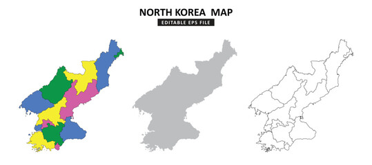 North korea map variations are colour coded by regions, solid grey silhouette and outlined with regional borders.	
