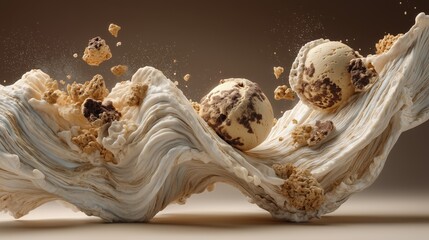 Creamy swirls of ice cream with cookie dough pieces in motion.