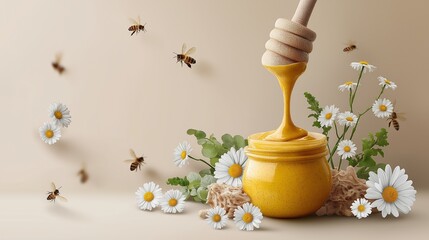 Golden honey flows from a honey dipper into a jar, surrounded by daisies and bees.  Pure nature.