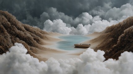 A small boat sits alone on a serene, cloud-filled landscape.  Peaceful and dreamy.