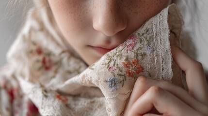 Young girl with freckles gently holds a floral embroidered shawl. Soft, muted tones create a serene mood.