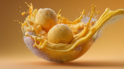 Two scoops of creamy, coconut-covered ice cream burst through a wave of golden liquid.