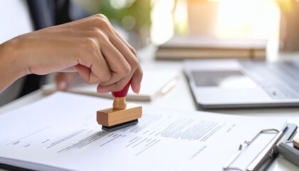 Close-up of hand using a red stamp on a legal document, indicating confirmation or validation in administrative work. business concept.
