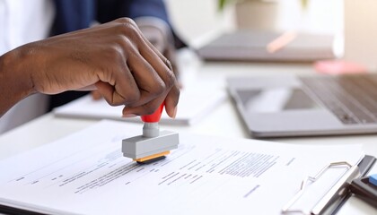 Close-up of hand using a red stamp on a legal document, indicating confirmation or validation in administrative work. business concept.
