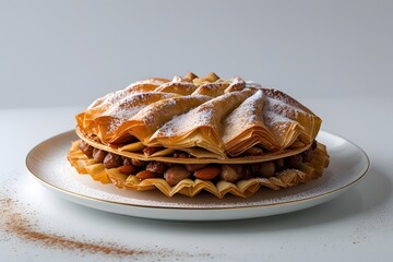Delicious homemade filo pastry dessert with nuts and powdered sugar displayed beautifully on a white plate with a gold rim isolated on a clean white background.