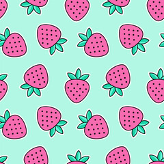 Cartoon seamless pattern of cute strawberries isolated on mint background.