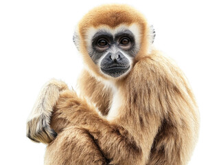 Light furred gibbon with dark face looks at viewer