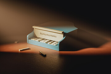 Small blue toy piano with a keyboard and a few wooden keys on the table. The piano is not in good condition, and the keys are scattered around it. 3d render of hard the childhood metaphor