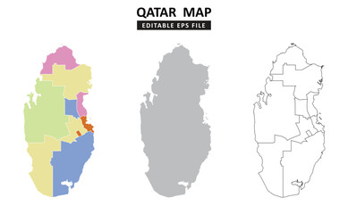 Qatar map variations are colour coded by regions, solid grey silhouette and outlined with regional borders.	
