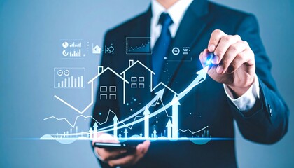 Housing market trends with increasing property value and economic forecast.Real estate investment and property market analytics, financial growth trends. business concept.