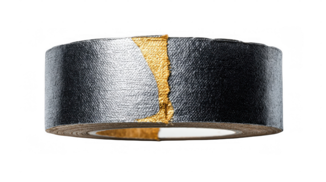 Black and silver duct tape roll with a golden tear is isolated on transparent background, creating a striking visual contrast and suggesting concepts of repair, attachment, and diy projects