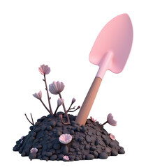 Illustrative image of pink shovel in dark ground with tiny flowers emerging