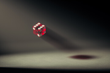 Red die is shown in mid-air, with the numbers 1 through 6 visible on its surface. The image has a dark, moody atmosphere, with the die appearing to be falling or floating in the air. 3d render