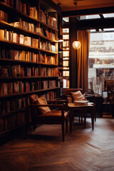 Cozy interior of an independent bookstore featuring wooden bookshelves filled with books and comfortable seating, creating a warm and inviting atmosphere