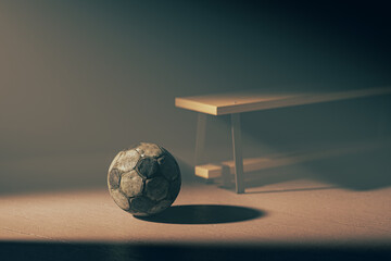 Soccer ball is sitting on the ground next to a bench. The bench is empty and the ball is the only object in the scene. 3d render
