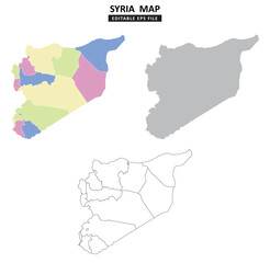Syria map variations are colour coded by regions, solid grey silhouette and outlined with regional borders.	
