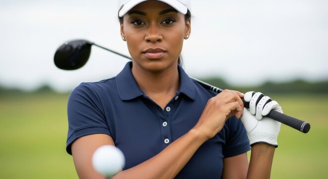Focused African American female golfer posing with club on golf course