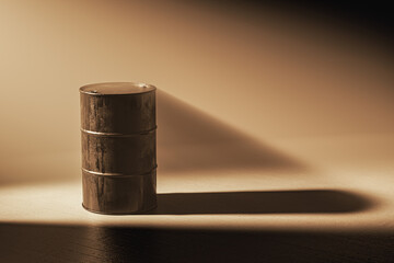 Barrel is sitting on a floor and lit by beam of the light. The barrel is old and has a rustic appearance. The image has a moody and somewhat somber feel to it. 3d render
