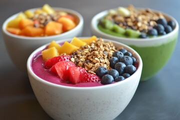 Colorful vegan smoothie bowls with fresh fruit and granola garnishes in a cozy cafe setting