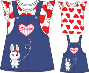 girls dungaree skirts cute bunny print illustrations vector art.
