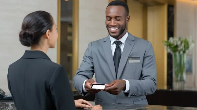 Smiling hotel receptionist giving keycard to businesswoman