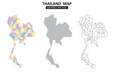 Thailand map variations are colour coded by regions, solid grey silhouette and outlined with regional borders.	
