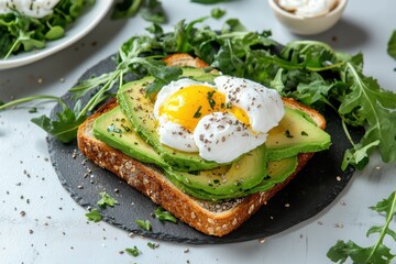Enjoying a nutritious breakfast with poached eggs and avocado toast on a slate serving board