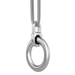Metal ring hanging from wires. Close-up. Isolated