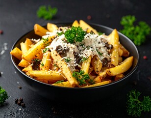 Frytki belgijskie z truflowym majonezem i parmezanem, podane w czarnej miseczce na ciemnym tle