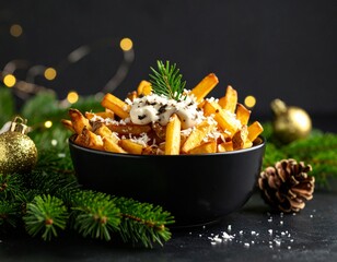 Frytki belgijskie z truflowym majonezem i parmezanem, podane w czarnej miseczce na ciemnym tle