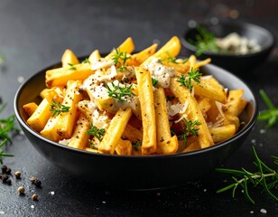 Frytki belgijskie z truflowym majonezem i parmezanem, podane w czarnej miseczce na ciemnym tle