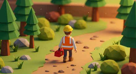 Low-Poly 3D Render Construction Worker Walking on Forest Path