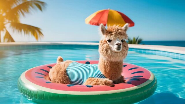 Alpaca in a watermelon floatie in a pool on a sunny day at a tropical resort.