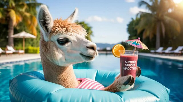 Alpaca in pool floatie with smoothie enjoys sunny day at tropical resort.