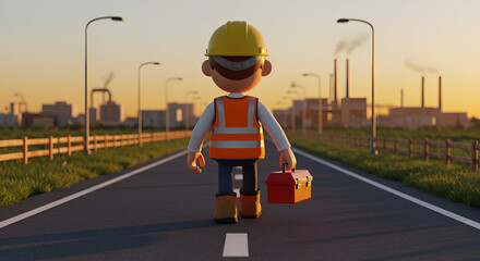 Construction Worker Walking Towards Industrial Cityscape at Sunset
